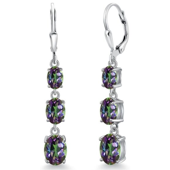 925 Sterling Silver with 6.35 Cttw 3 Stone Green Mystic Topaz Leverback Earrings